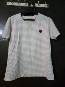 Pink Striped T-Shirt with Red Heart Detail