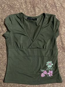 Olive Green V-Neck Top with Floral Embroidery