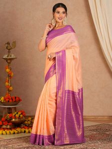 Beautiful Peach Saree with Purple Border