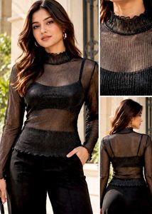Sparkly Sheer Mock Neck Long Sleeve Top