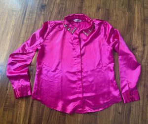 Stone Embellished Satin Pink Shirt