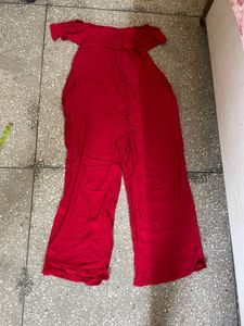 Red Off-Shoulder Ruffle Jumpsuit