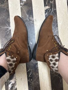 Brown Ankle Boots with Leopard Detail