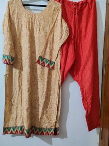 Elegant Cream Kurta with Red Pants