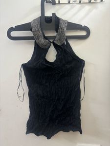 Black Sleeveless Top with Embellished Coll