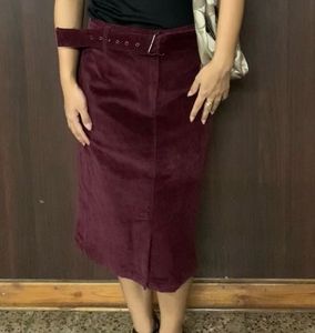 Maroon Corduroy Belted Midi Skirt