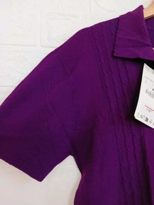 Elegant Purple Collared Short Sleeve Knit Top