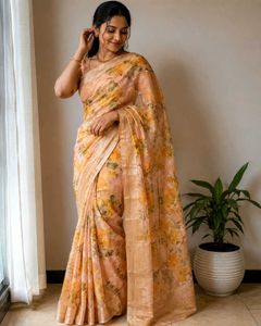 Floral Print Peach Saree