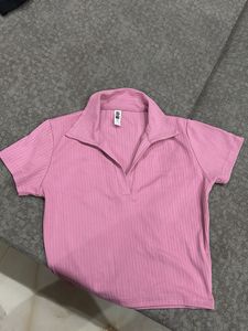 Pink Ribbed Polo Neck Top