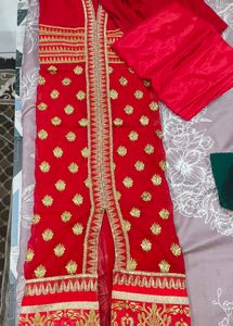 unstitched Red Embroidered Kurta Set