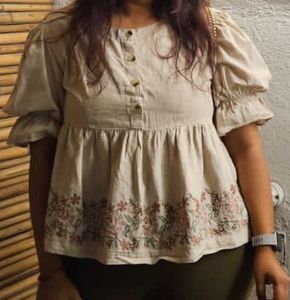 Embroidered Beige Peplum Top