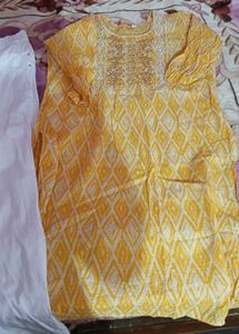 Yellow Printed Kurta with White Pants