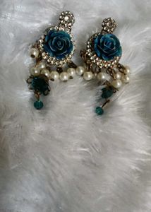 Exquisite Teal Rose Pearl Earrings