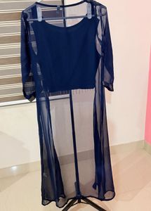 Navy Blue Kurta Set with Sheer Overlay