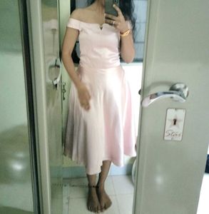 Pink Satin Off-Shoulder Dress