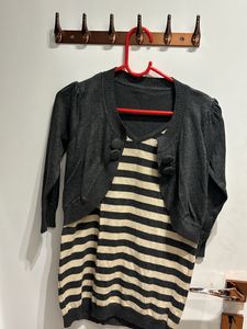 Striped Dress with Gray Cropped Cardigan