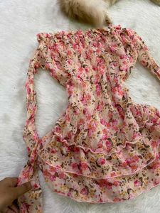 Pink Floral Print Off-Shoulder Tiered Ruffle Top