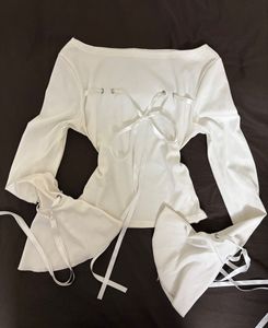 flare sleeve ribbon crop top + FREE bracelet 🤍