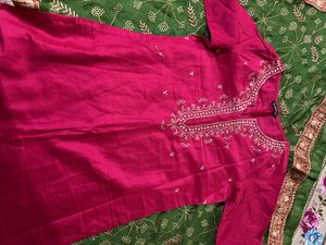Red green banarsi suit with combo kurta phulkari