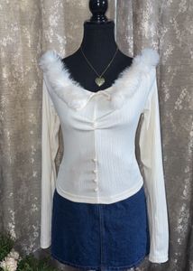 Cream Faux Fur Trim Ribbed Top
