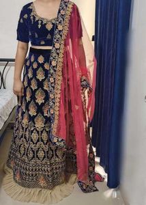 Blue Velvet Embroidered Lehenga Skirt