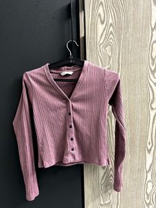 Pink Ribbed Knit Button-Down Top