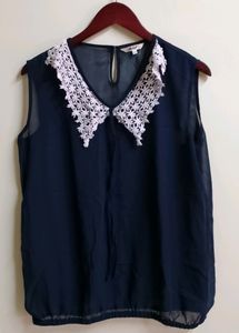 Navy Lace Collar Sleeveless Top