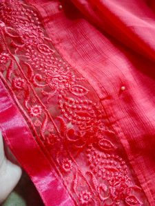 Vibrant Red Embroidered Saree