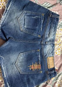 Distressed Denim Shorts with Patch Detail