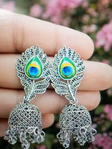 oxidised silver premium Peacock Jhumka Earrings