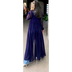 Elegant Navy Blue Embroidered naira cut Kurta