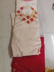 Embroidered Cream Kurta With Red Pants