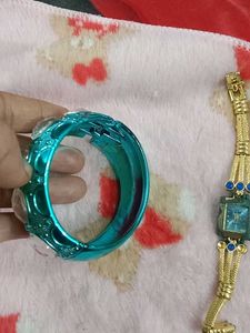 Vintage Teal Bangle &amp; Gold Watch Set