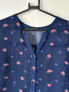 Chic Navy Floral Print Sheer Blouse