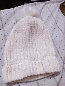 White Knit Beanie with Pom-Pom