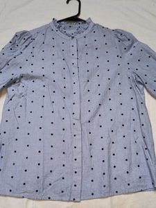 Blue Polka Dot Button-Up Blouse