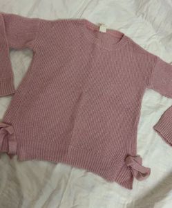 Pink Knit Sweater with Bow Details