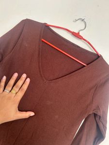 Elegant Brown Long Sleeve Midi Dress