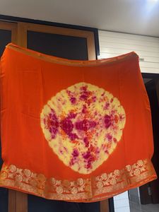 Vibrant Tie-Dye Saree with Golden Border