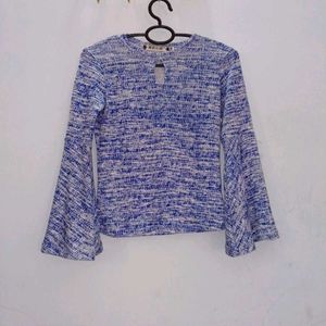 Boho Bell Sleeve Blue &amp; White Top
