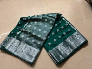 Elegant Emerald Green Saree with Silver Motifs