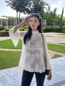 Sheer White Lace Bell Sleeve Top