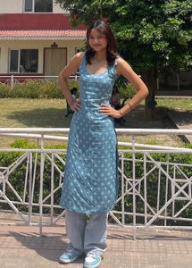 Blue Printed Tie up Sleeveless Kurta