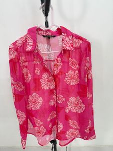 Chic Pink Floral Print Sheer Blouse
