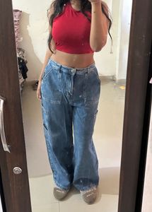 Wide Leg Acid wash Denim Cargo Pants