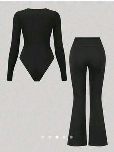 Black Long Sleeve Bodysuit & Flare Pants Set