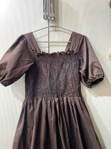 Brown Square Neck Puff Sleeve Smocked Dress