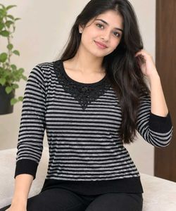 Striped Long Sleeve Top with Lace Neckline
