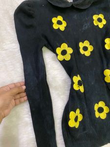 Black Floral Turtleneck Top