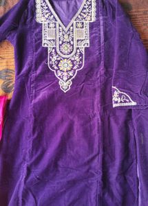 women purple velvet kurti pant dupatta set